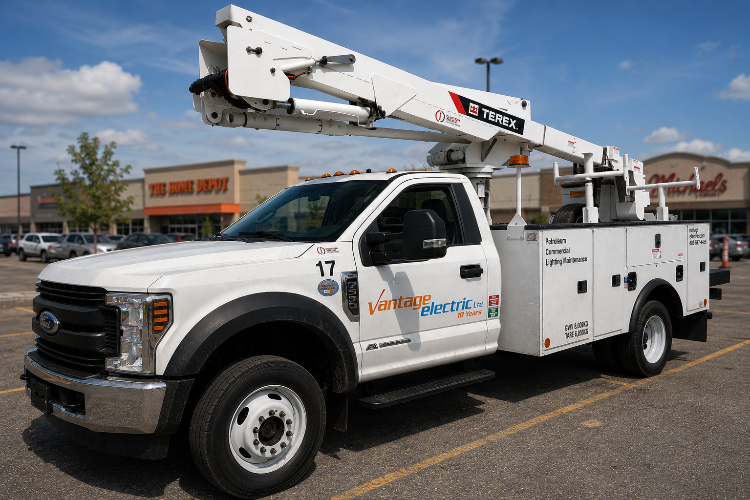Vantage Electric bucket truck parked at a commercial property